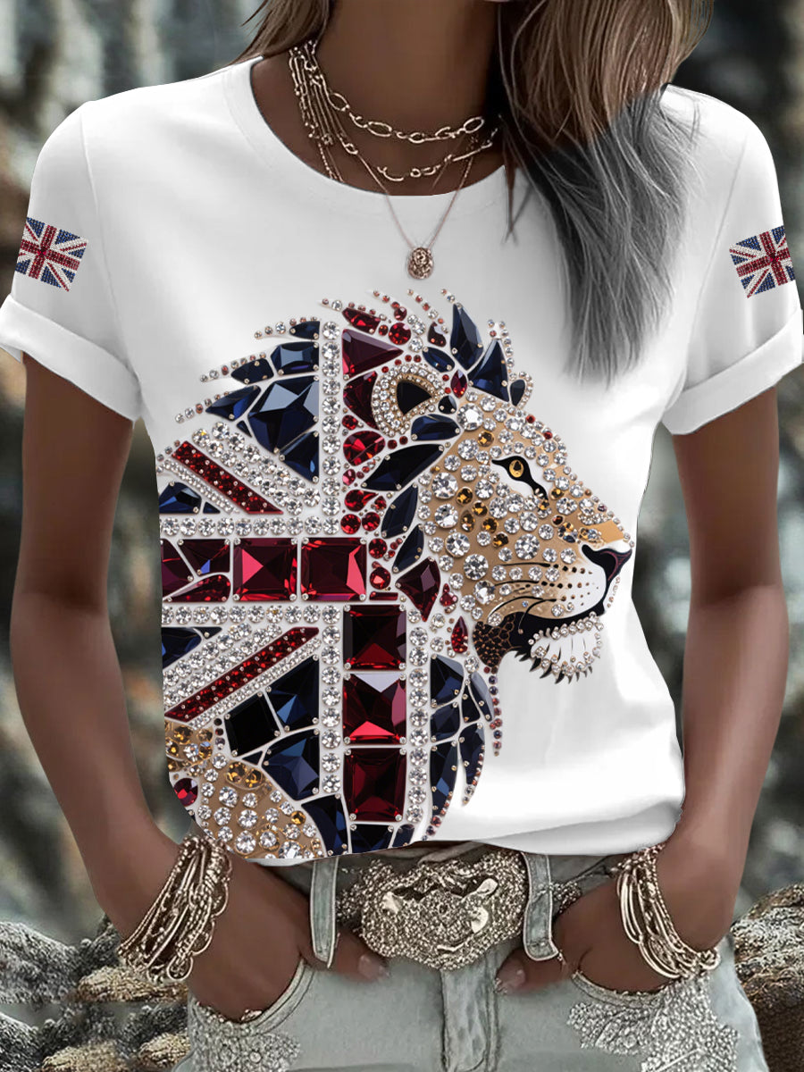 Women's British imitation diamond hot-drilling Printed Iron On Short Sleeve T-Shirt