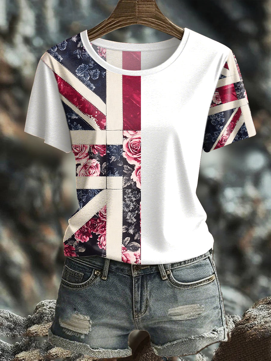 Women's UK Flag Floral Art Printed T-shirt-4