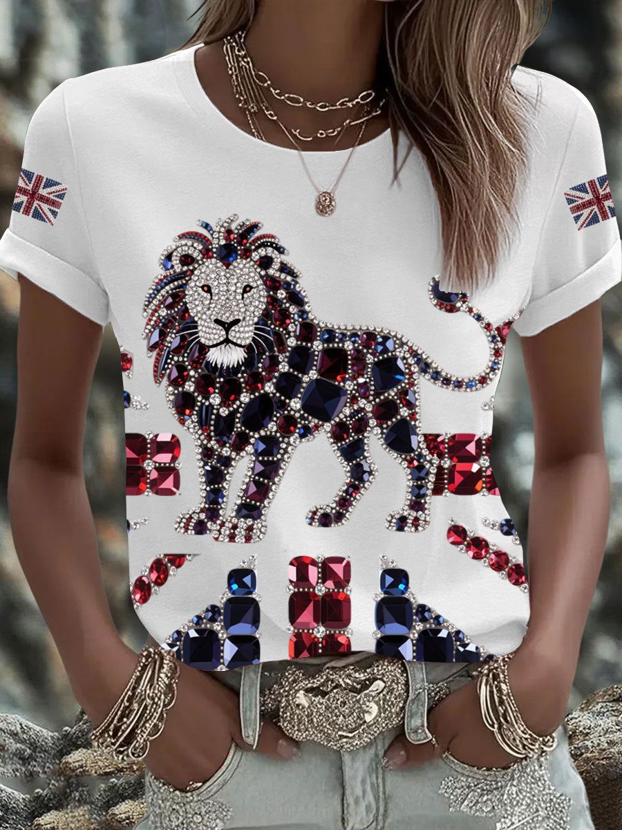 Women's British imitation diamond hot-drilling Printed Iron On Short Sleeve T-Shirt