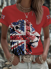 Women's British imitation diamond hot-drilling Printed Iron On Short Sleeve T-Shirt-2