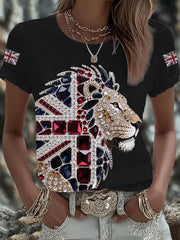 Women's British imitation diamond hot-drilling Printed Iron On Short Sleeve T-Shirt-1