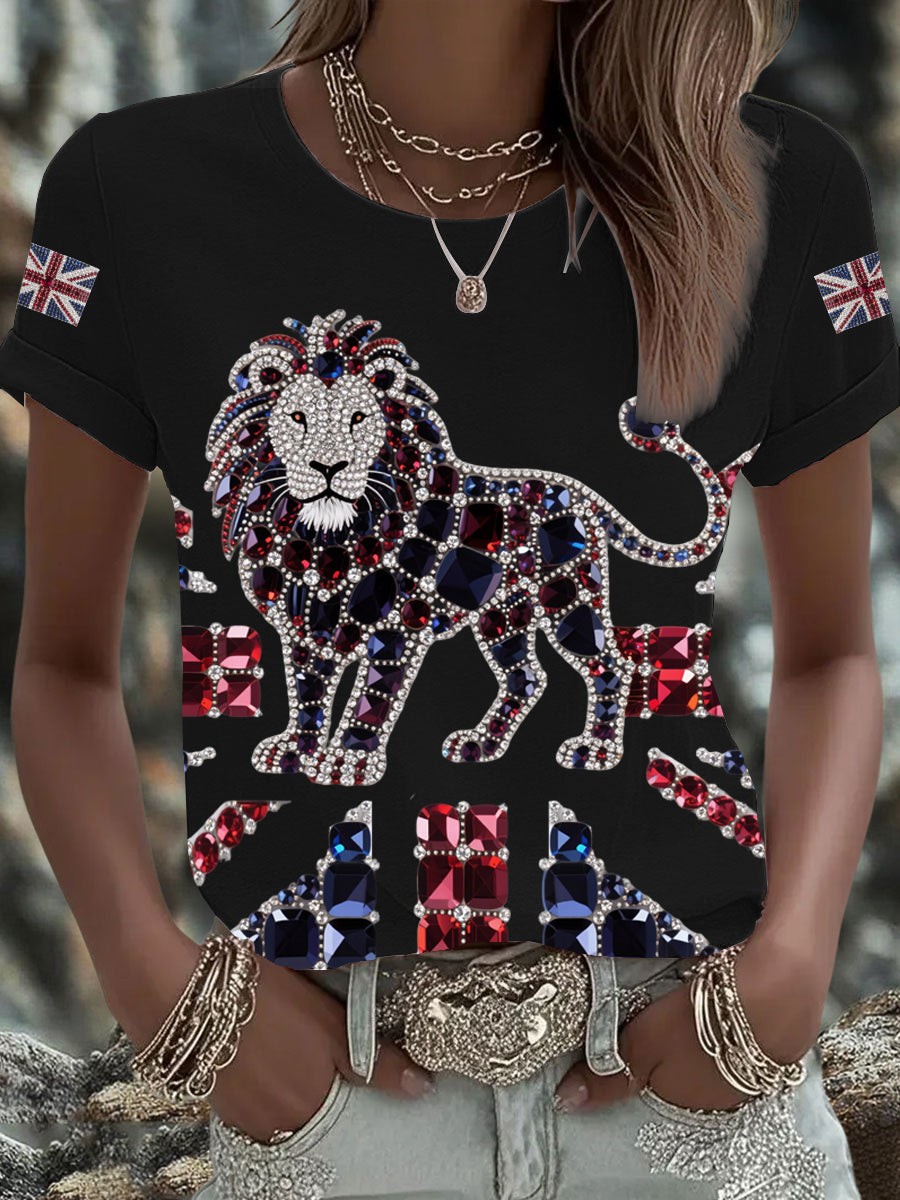 Women's British imitation diamond hot-drilling Printed Iron On Short Sleeve T-Shirt-1