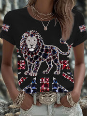 Women's British imitation diamond hot-drilling Printed Iron On Short Sleeve T-Shirt-1