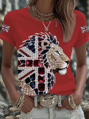 Women's British imitation diamond hot-drilling Printed Iron On Short Sleeve T-Shirt-2