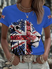 Women's British imitation diamond hot-drilling Printed Iron On Short Sleeve T-Shirt-3
