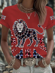 Women's British imitation diamond hot-drilling Printed Iron On Short Sleeve T-Shirt-2