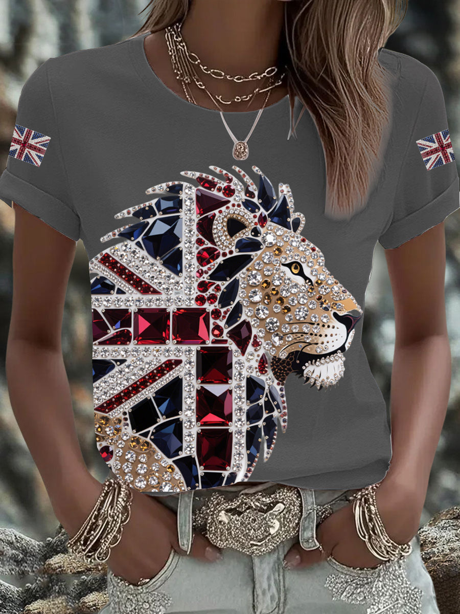 Women's British imitation diamond hot-drilling Printed Iron On Short Sleeve T-Shirt-3