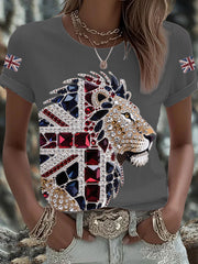 Women's British imitation diamond hot-drilling Printed Iron On Short Sleeve T-Shirt-3