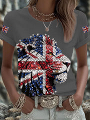 Women's British imitation diamond hot-drilling Printed Iron On Short Sleeve T-Shirt-4