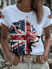 Women's British imitation diamond hot-drilling Printed Iron On Short Sleeve T-Shirt-5