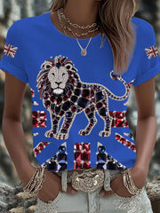 Women's British imitation diamond hot-drilling Printed Iron On Short Sleeve T-Shirt-3