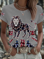 Women's British imitation diamond hot-drilling Printed Iron On Short Sleeve T-Shirt-4