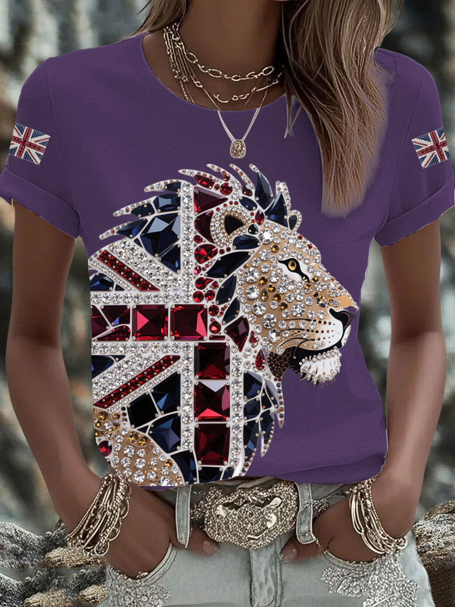 Women's British imitation diamond hot-drilling Printed Iron On Short Sleeve T-Shirt-5