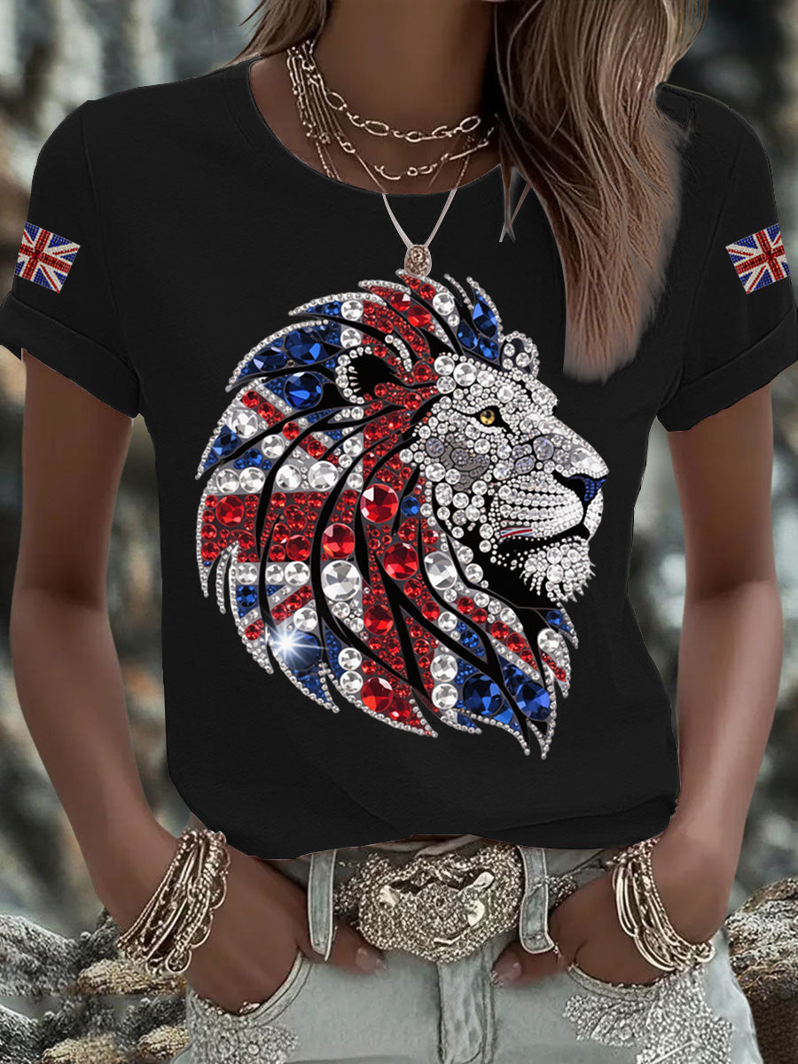 Women's British imitation diamond hot-drilling Printed Iron On Short Sleeve T-Shirt-1