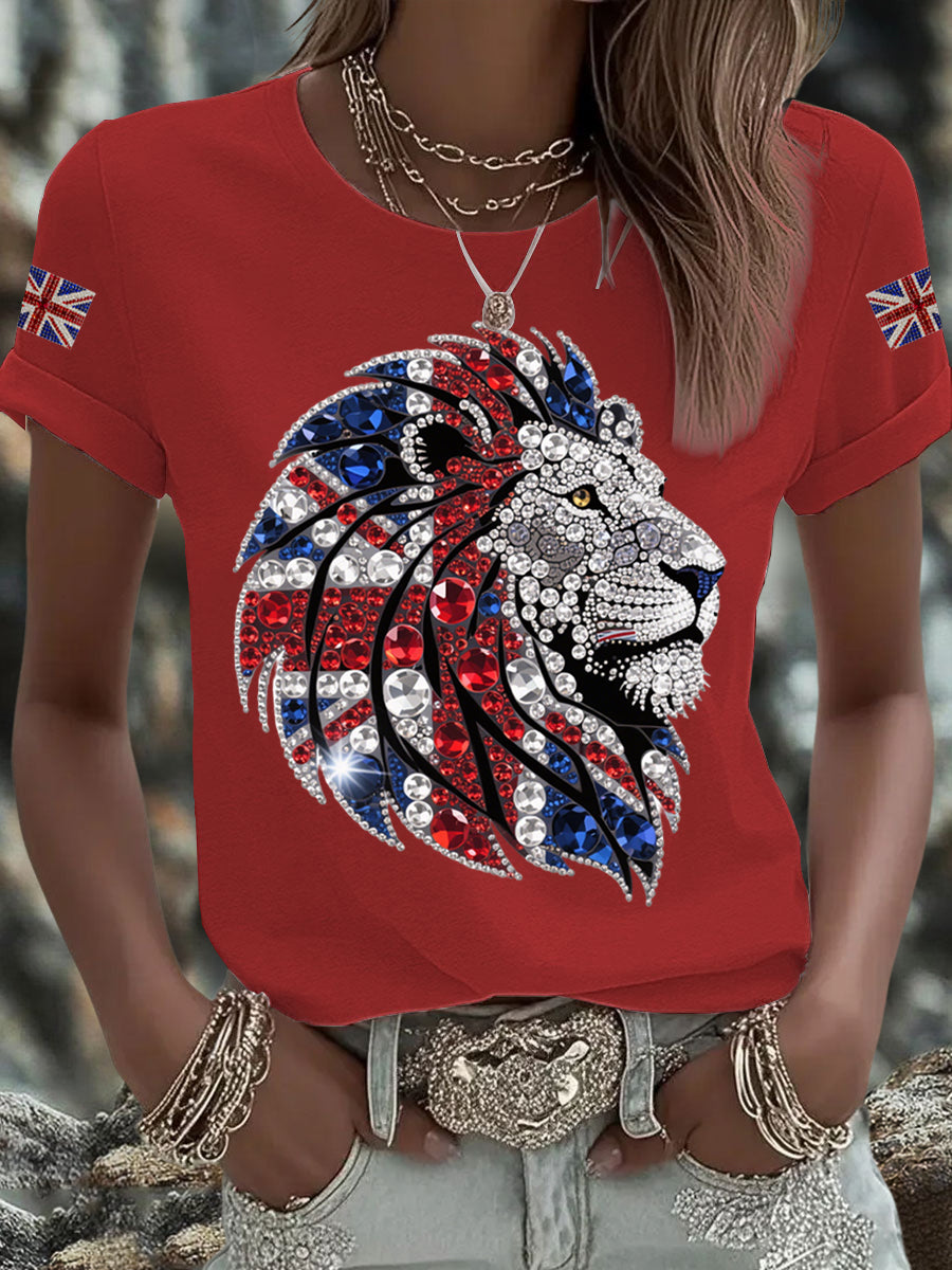 Women's British imitation diamond hot-drilling Printed Iron On Short Sleeve T-Shirt-2