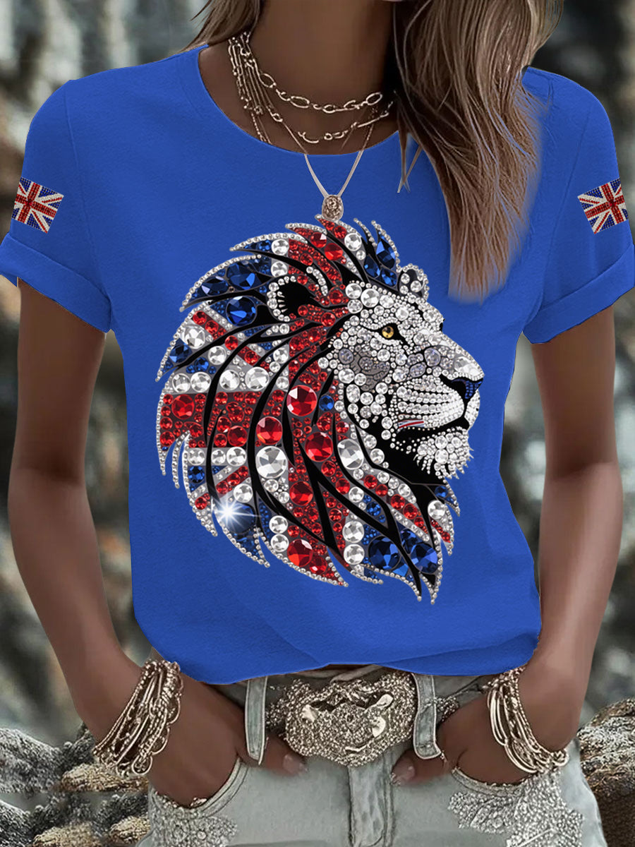 Women's British imitation diamond hot-drilling Printed Iron On Short Sleeve T-Shirt-3