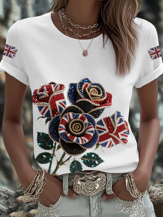 Women's British imitation diamond hot-drilling Printed Iron On Short Sleeve T-Shirt