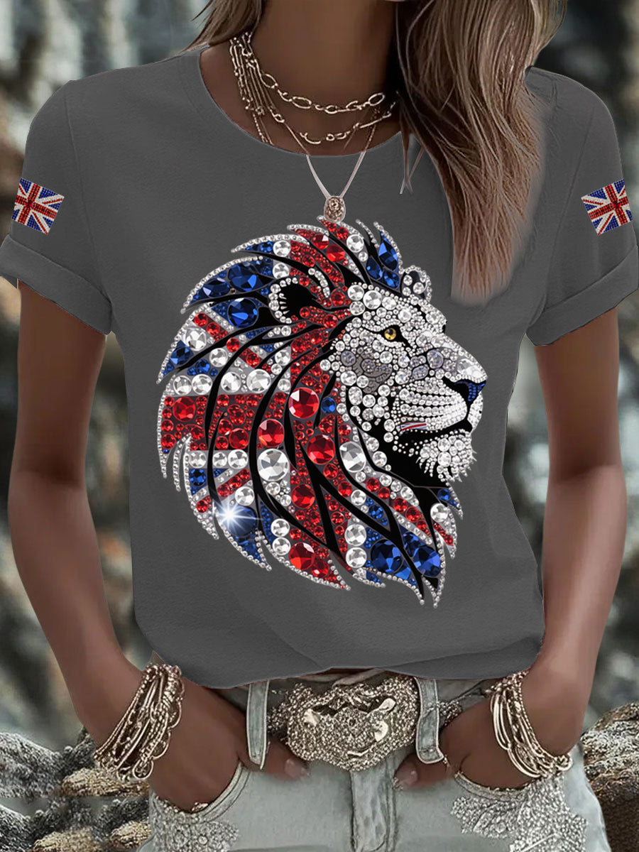 Women's British imitation diamond hot-drilling Printed Iron On Short Sleeve T-Shirt-4