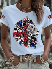 Women's British imitation diamond hot-drilling Printed Iron On Short Sleeve T-Shirt-5