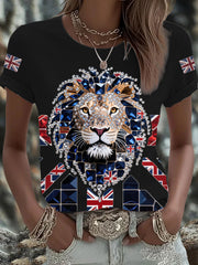 Women's British imitation diamond hot-drilling Printed Iron On Short Sleeve T-Shirt-1