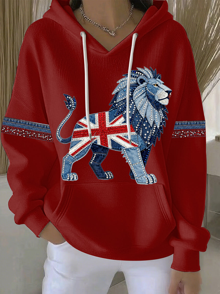 Women's British style imitation denim rhinestone hot-drill Print Casual Hoodie-2