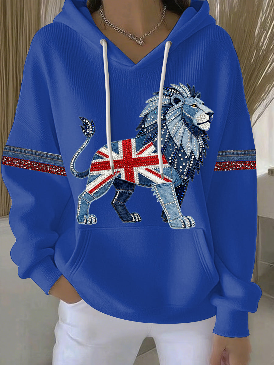 Women's British style imitation denim rhinestone hot-drill Print Casual Hoodie-3