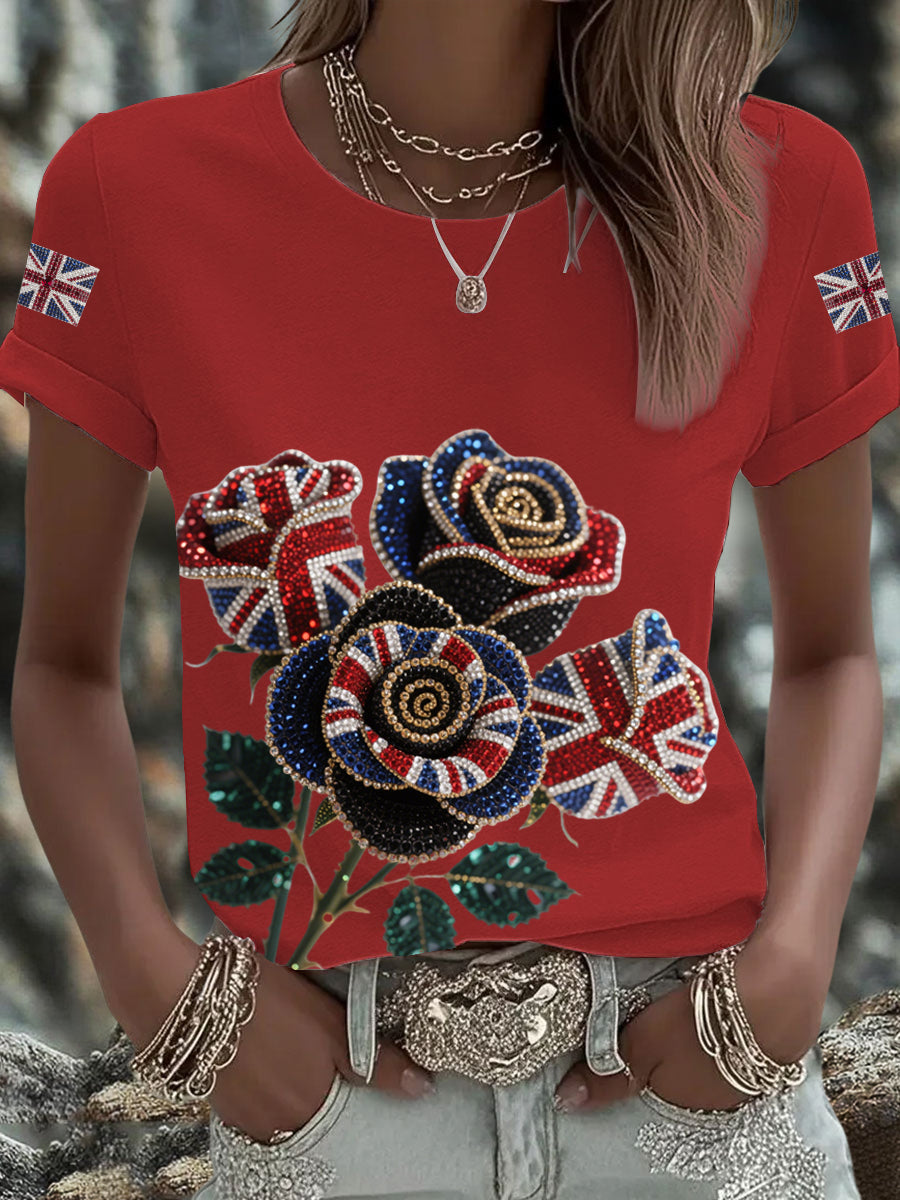 Women's British imitation diamond hot-drilling Printed Iron On Short Sleeve T-Shirt-2