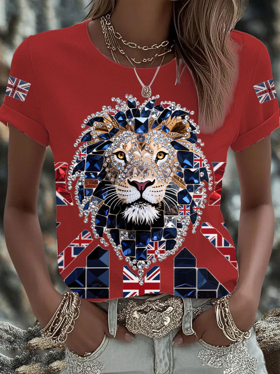 Women's British imitation diamond hot-drilling Printed Iron On Short Sleeve T-Shirt-2