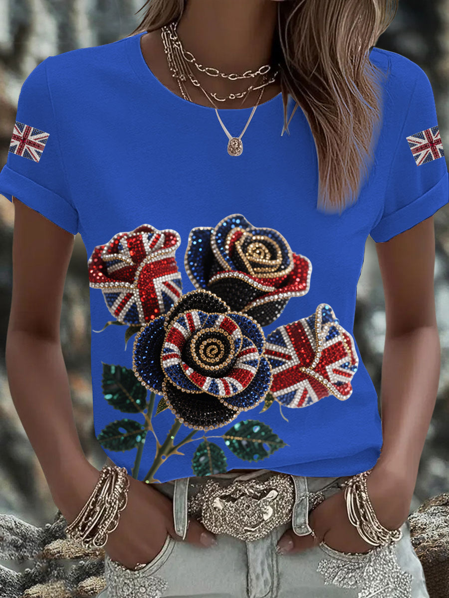 Women's British imitation diamond hot-drilling Printed Iron On Short Sleeve T-Shirt-3