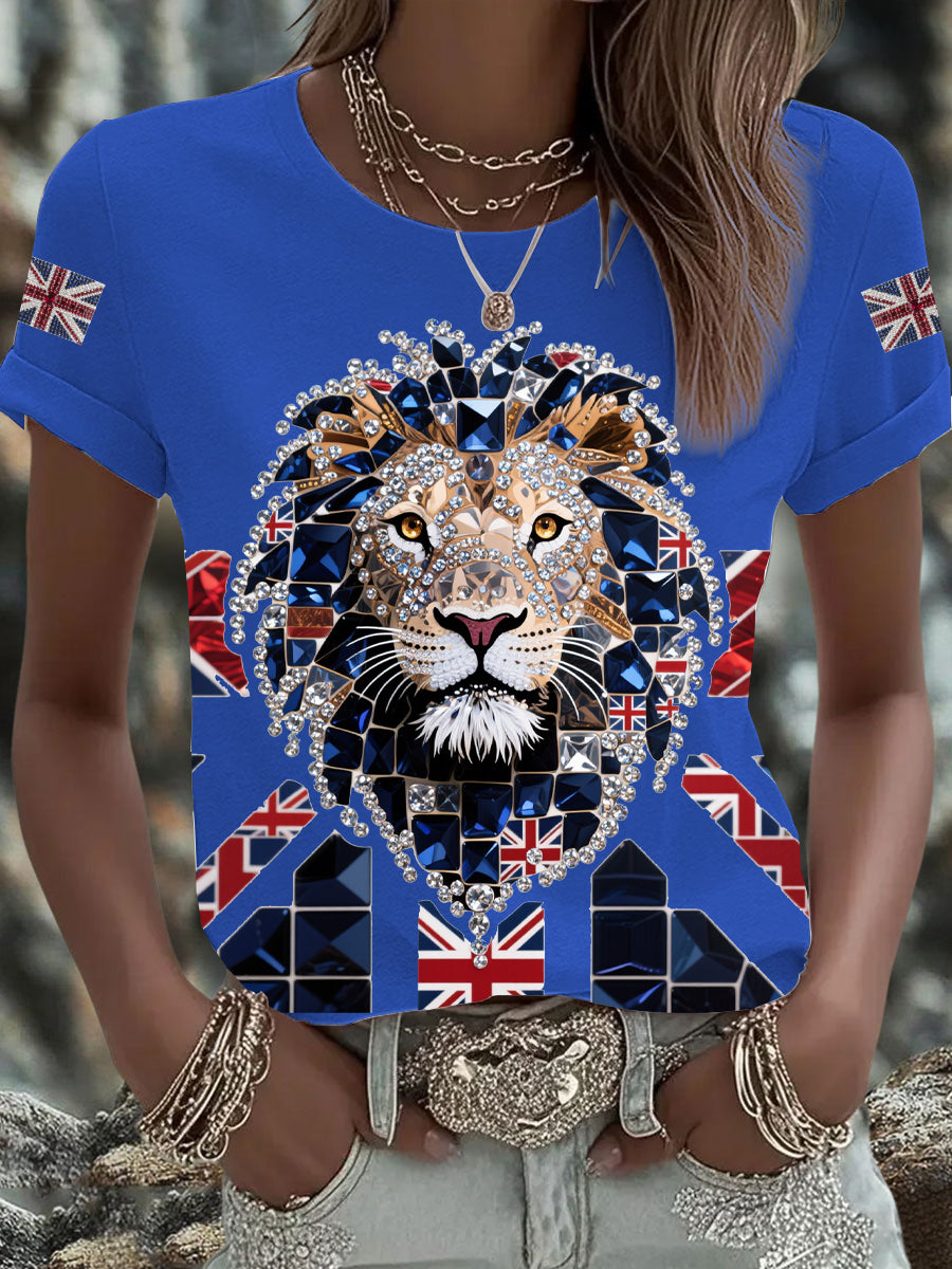 Women's British imitation diamond hot-drilling Printed Iron On Short Sleeve T-Shirt-3