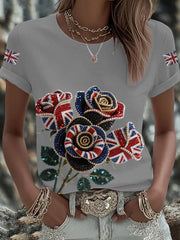Women's British imitation diamond hot-drilling Printed Iron On Short Sleeve T-Shirt-4