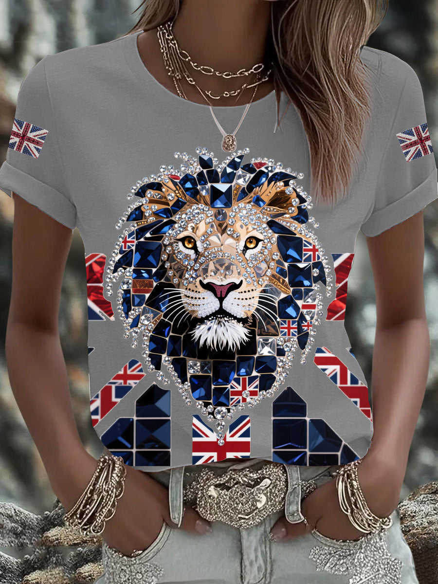 Women's British imitation diamond hot-drilling Printed Iron On Short Sleeve T-Shirt-4