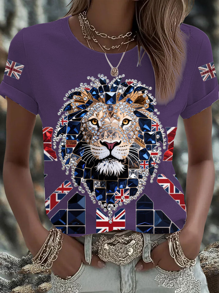 Women's British imitation diamond hot-drilling Printed Iron On Short Sleeve T-Shirt-5