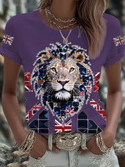 Women's British imitation diamond hot-drilling Printed Iron On Short Sleeve T-Shirt-5