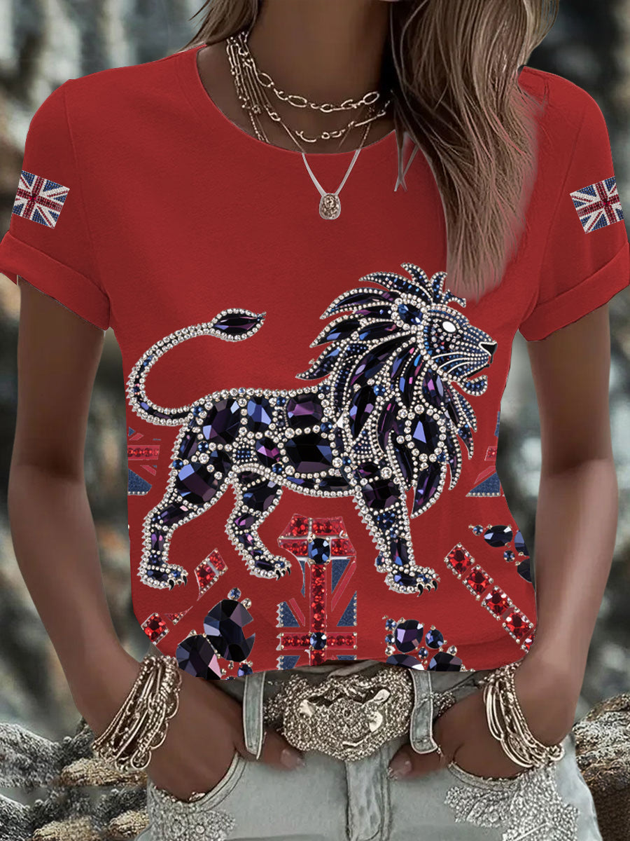 Women's British imitation diamond hot-drilling Printed Iron On Short Sleeve T-Shirt-2