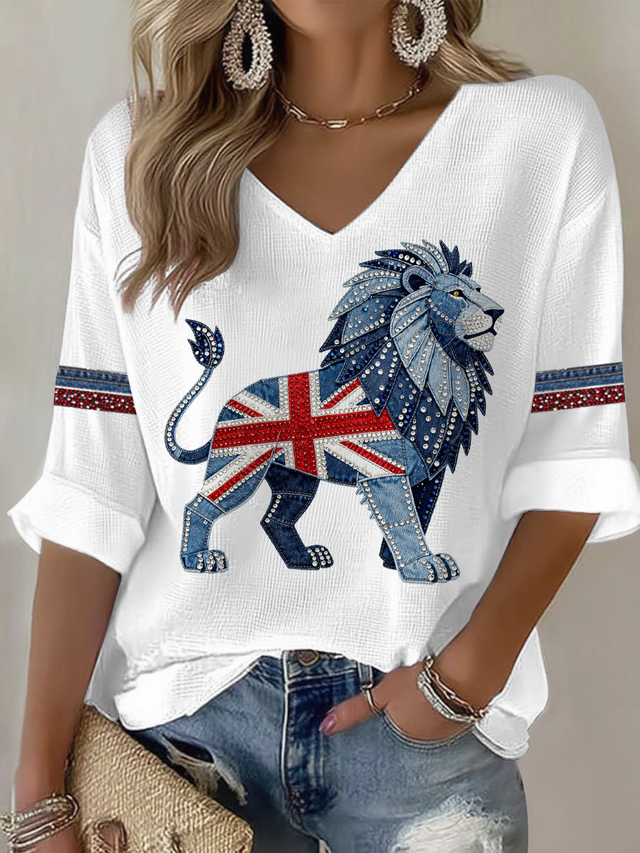 Women's British style imitation rhinestone hot-drilling Printed T-shirt