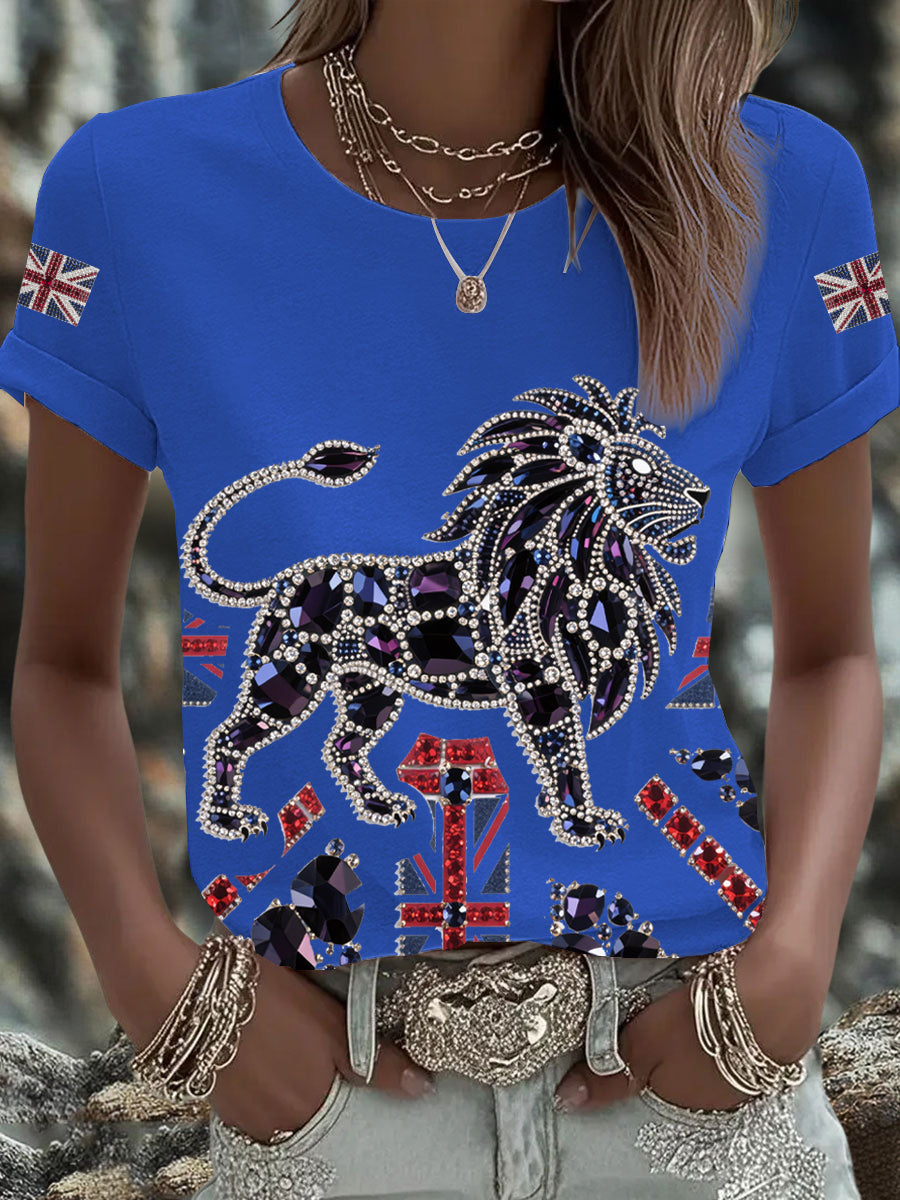 Women's British imitation diamond hot-drilling Printed Iron On Short Sleeve T-Shirt-3