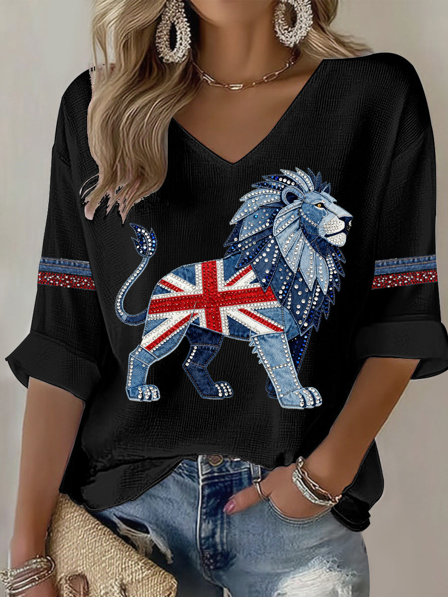 Women's British style imitation rhinestone hot-drilling Printed T-shirt-1