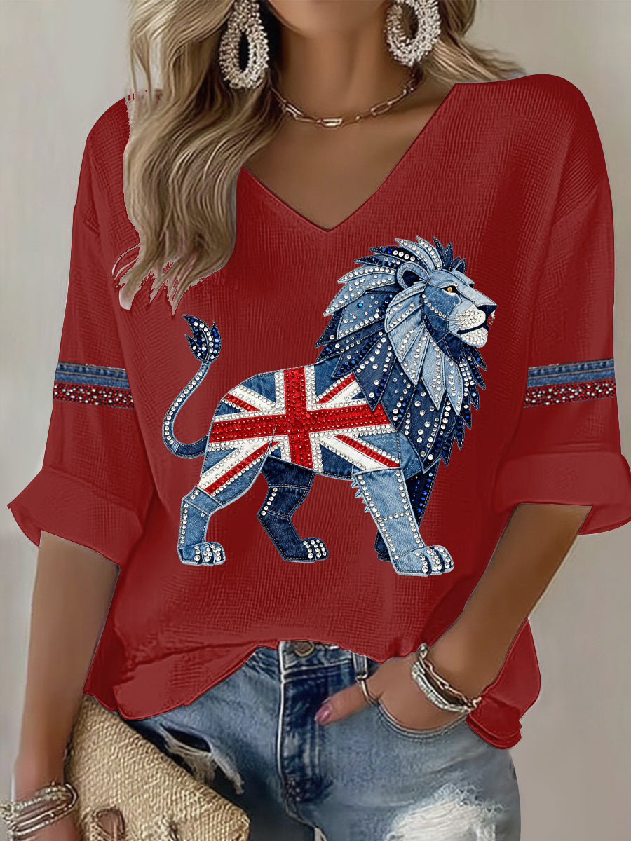 Women's British style imitation rhinestone hot-drilling Printed T-shirt-2