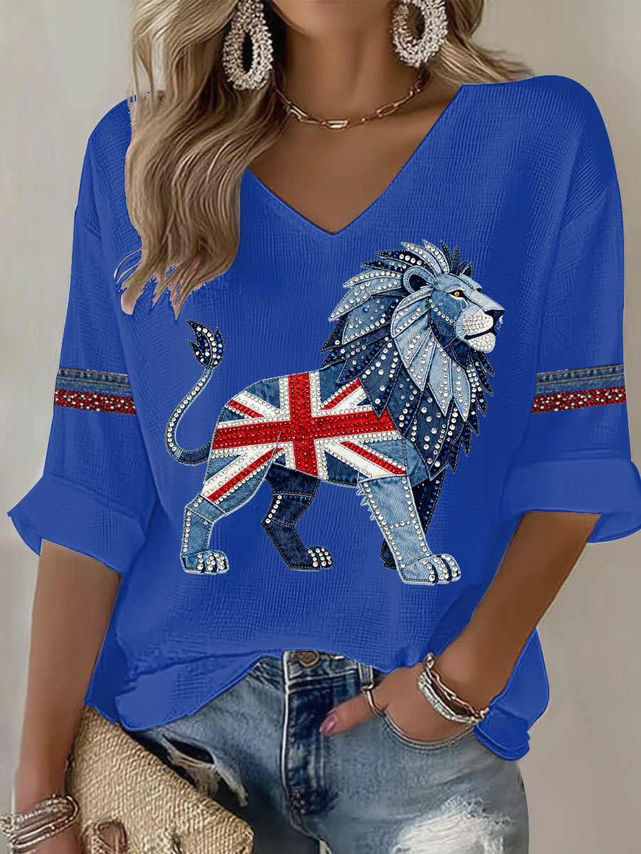 Women's British style imitation rhinestone hot-drilling Printed T-shirt-3