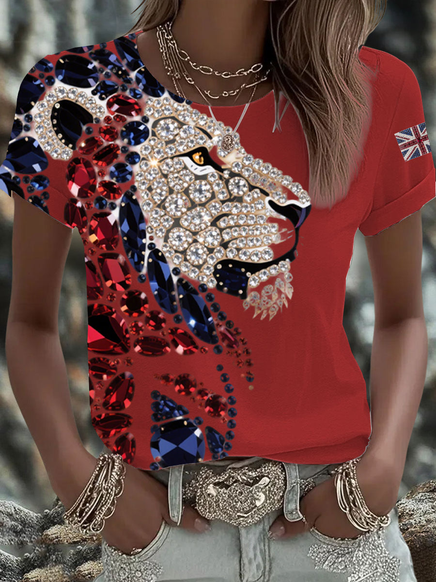 Women's British imitation diamond hot-drilling Printed Iron On Short Sleeve T-Shirt-2
