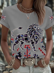 Women's British imitation diamond hot-drilling Printed Iron On Short Sleeve T-Shirt-4