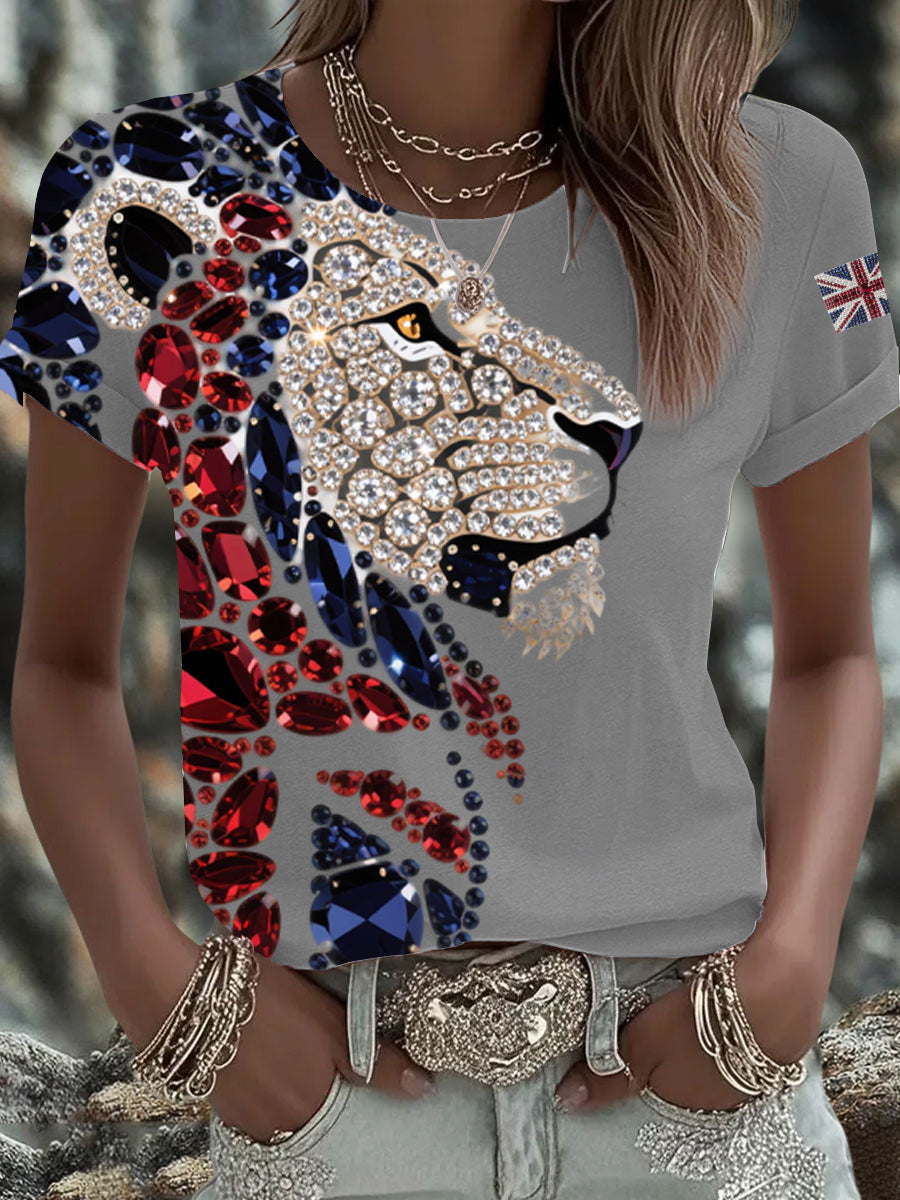 Women's British imitation diamond hot-drilling Printed Iron On Short Sleeve T-Shirt-4