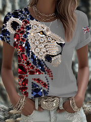 Women's British imitation diamond hot-drilling Printed Iron On Short Sleeve T-Shirt-4