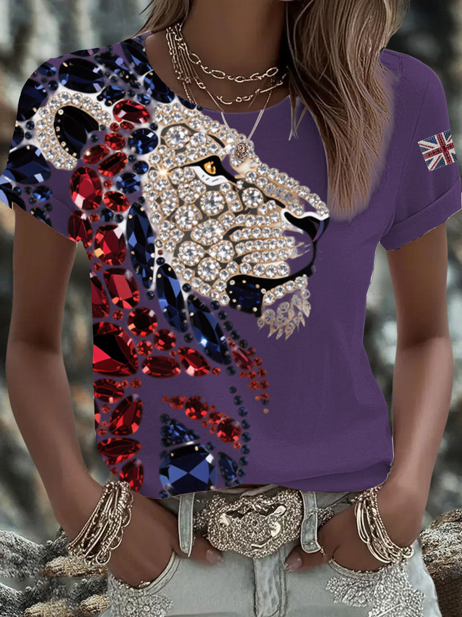 Women's British imitation diamond hot-drilling Printed Iron On Short Sleeve T-Shirt-5
