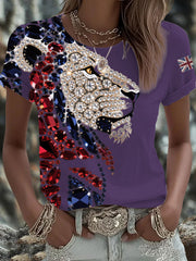 Women's British imitation diamond hot-drilling Printed Iron On Short Sleeve T-Shirt-5