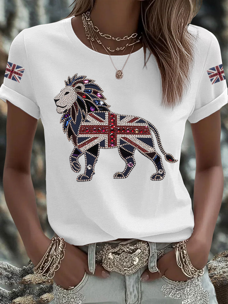 Women's British imitation diamond hot-drilling Printed Iron On Short Sleeve T-Shirt