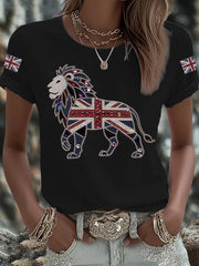 Women's British imitation diamond hot-drilling Printed Iron On Short Sleeve T-Shirt-1