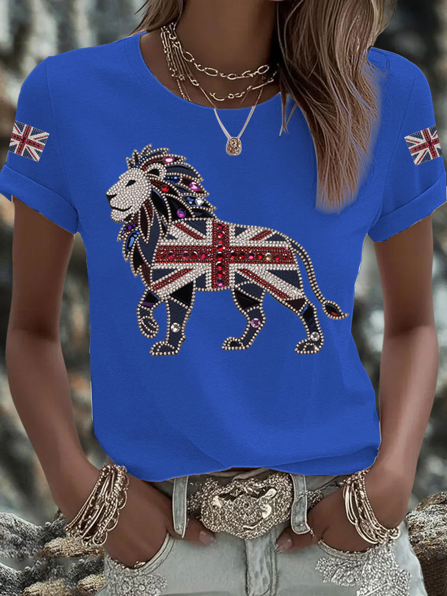 Women's British imitation diamond hot-drilling Printed Iron On Short Sleeve T-Shirt-3