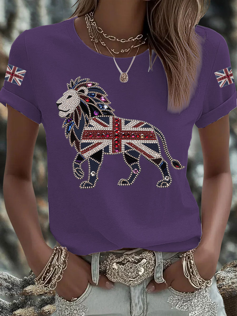 Women's British imitation diamond hot-drilling Printed Iron On Short Sleeve T-Shirt-5